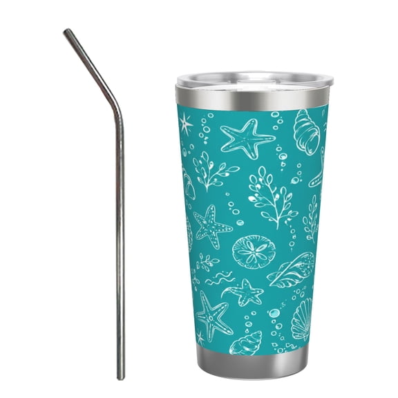 20oz Ocean Seashell Tumbler with Handle and Straw Stainless Steel Insulated Car Cup Travel Coffee Cup Beach Gift with Stainless Steel Straw