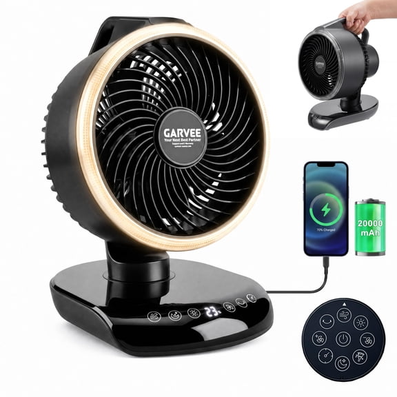 Rechargeable Camping Fan 20000mAh with Remote, LED Light & Timer, 5-Speed Oscillating for Tent Travel