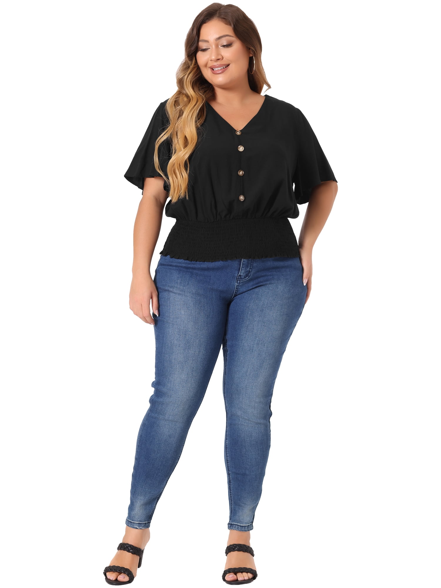 DARING DIVA Women's Plus V Neck Button Up Short Sleeve Shirred Blouse 2X Black