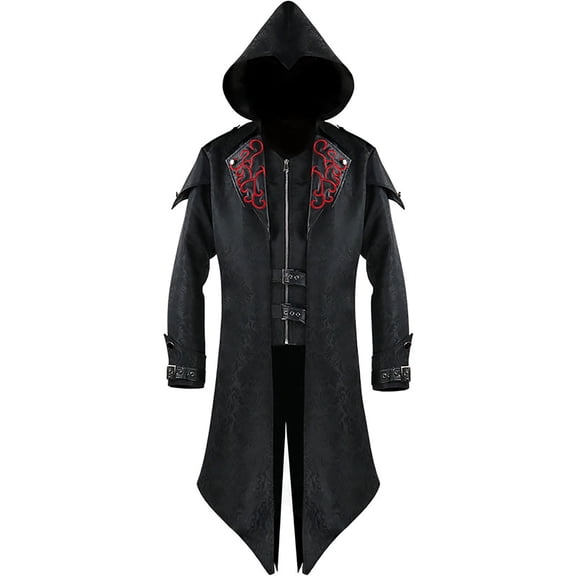 JOANKDMI Hooded Tailcoat for Men Gothic Assassin Vintage Cloak Coat High Low Hem Steampunk Medieval Jacket Outwear for Halloween Party Cosplay Comic Con Costume