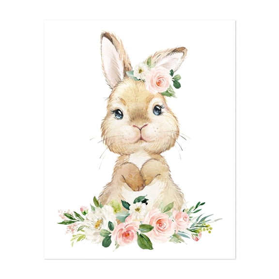 Cute Bunny, Rabbit, Forest Animals, Woodland Animals, Boho, Pink Flowers, Girl Nursery - Illustration Animal Watercolor Floral Whimsical Unframed Wall Art Print 6 x 8 inches