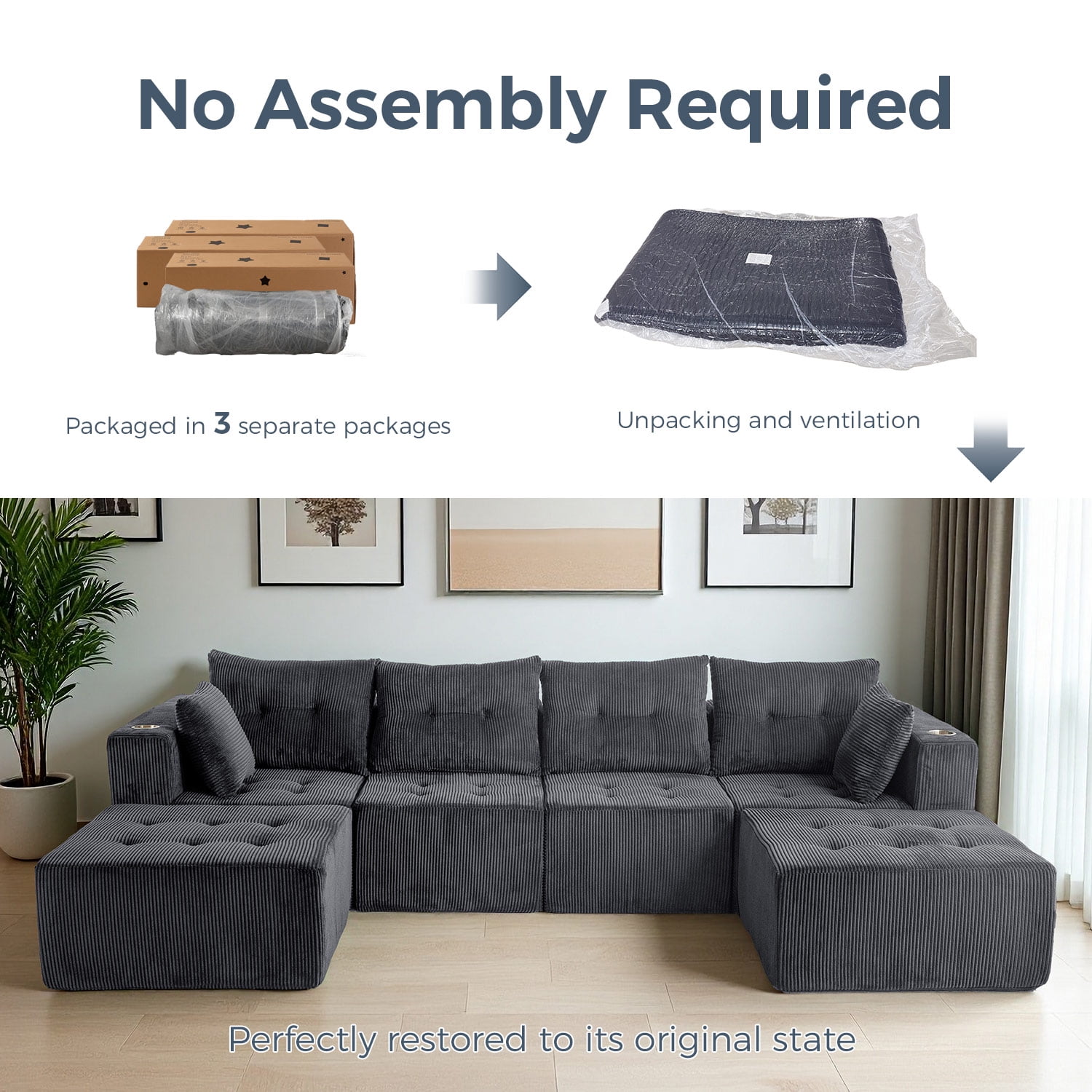 BYBYME 129"Oversized U Shaped Couch,6 Seat Sectional Corduroy Tufted Sofa,Upholstered Symmetrical Cloud Couch with Double Chaise,Wrap Around Sofa for Living Room Apartment Office,Sofa in A Box,Grey