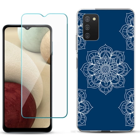 Slim-Fit TPU Phone Case Compatible with Samsung Galaxy A02s with Tempered Glass Screen Protector by OneToughShield ® - Mandala / Blue