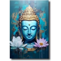 Blue Buddha Canvas Wall Art Buddha Head & Lotus Flower Painting Prints Zen Pictures Buddhist Spiritual Artwork for Yoga Spa Meditation Room Framed(Picture-3, (12.00" x 18.00"))