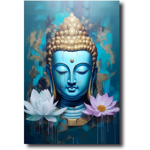 Blue Buddha Canvas Wall Art Buddha Head & Lotus Flower Painting Prints Zen Pictures Buddhist Spiritual Artwork for Yoga Spa Meditation Room Framed(Picture-3, (12.00" x 18.00"))