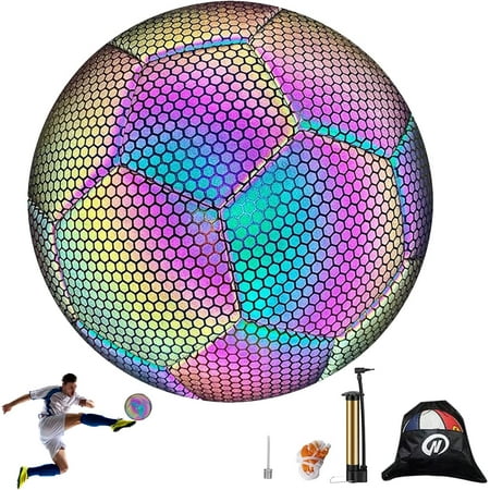 Reflective Soccer  Holographic Soccer Luminous Soccer  Glowing Soccer Ball Size 4/5 Standard Practice Training Soccer  Glow in The Dark by Light Reflect