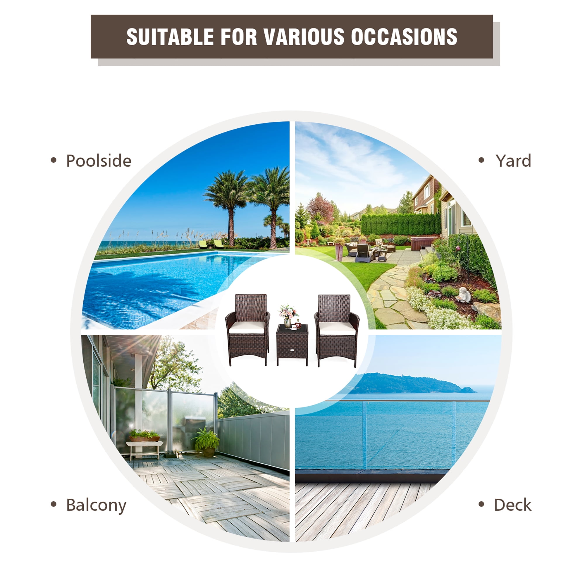 Costway 3PCS Patio Rattan Furniture Set Cushioned Sofa Glass Tabletop White