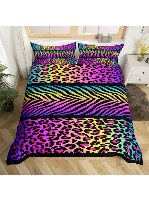 Neon Cheetah Print Queen Bedding Set For Girls Women Rainbow Leopard Comforter Cover Wild Zebra Stripes Duvet Cover Wild Animal Quilt Cover Wildlife Theme Bedroom Decor 2 Pillow Cases Colorful