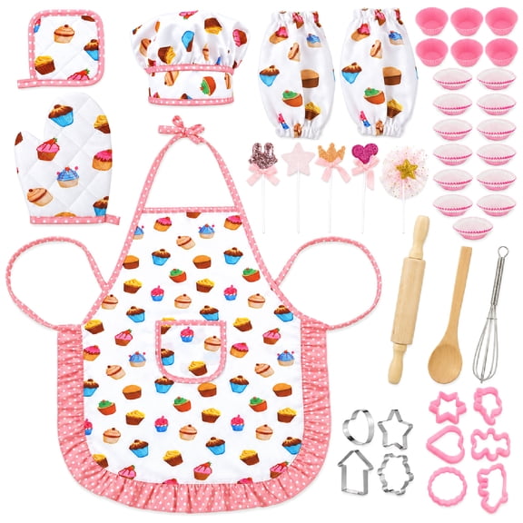 HEQUSIGNS Kid Bake Set,Kids Cooking and Baking Set,31 Pcs Kids Chef Apron Set,Children Kitchen Bake Playset Accessories for Kids Age 3-10
