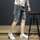 thumbnail image 4 of Pantalones cortos de mezclilla para hombre, pantalones vaqueros cortos rectos para hombre, pantalones vaqueros vintage de estilo hip hop, ajustados, finos, groseros, de diseñador, desgastados, corte X, 4 of 4