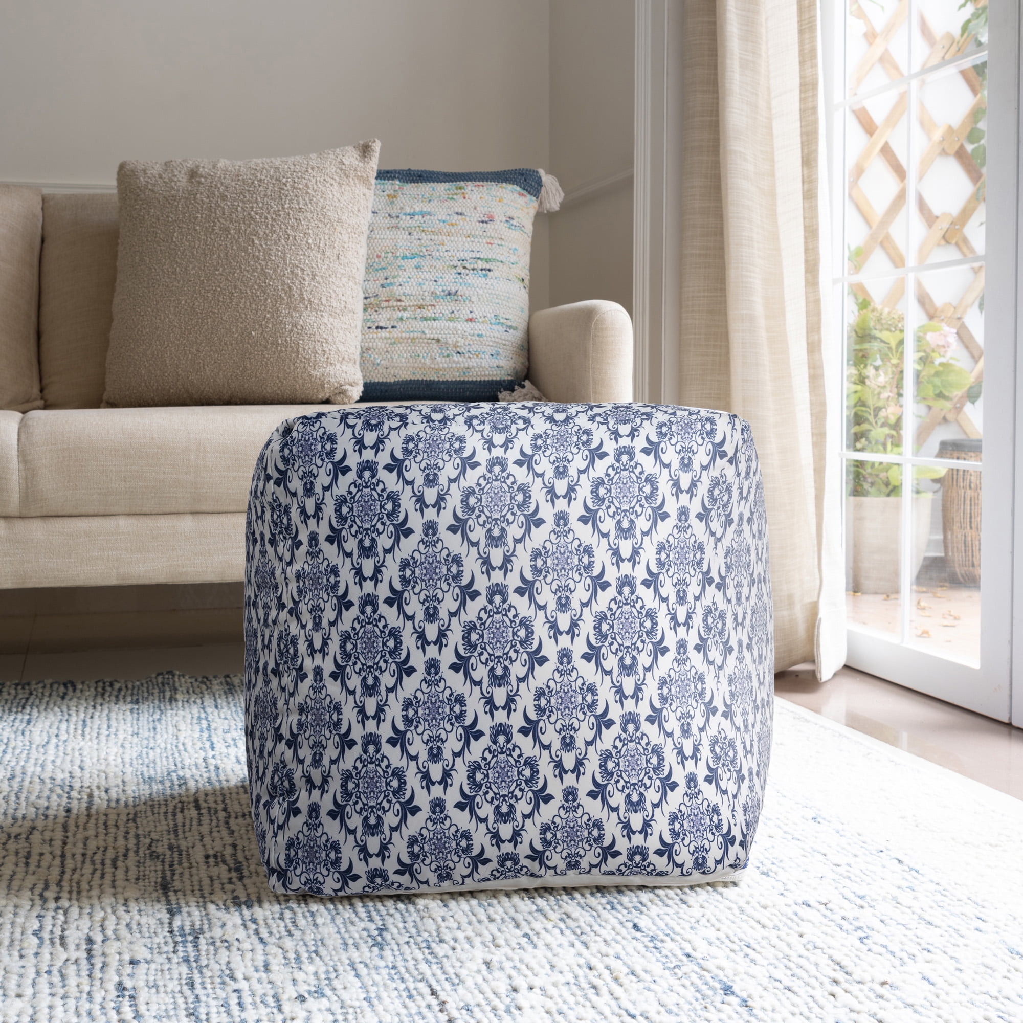 Ox Bay Orlando Blue/White Damask Medium Square Indoor Pouf Ottoman, 18" H x 18" W