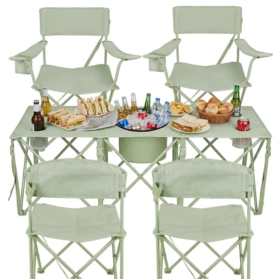 5-Piece Lawn Camping Chair Set with Table, 4 Folding Chairs, Cup Holders, Portable Bag & Large Insulated Cooler