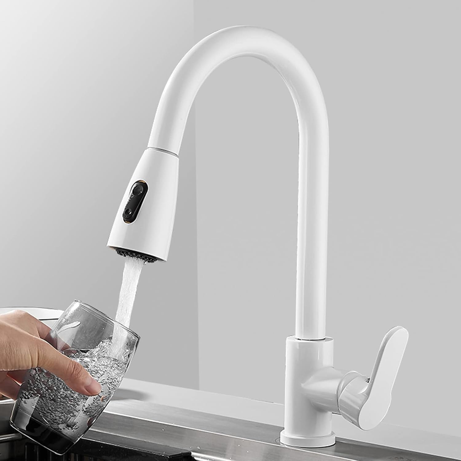 Kitchen Faucet with Pull Out Spray Kitchen Sink faucets Telescopic 360° Rotatable Brass Multifunction Kitchen Mixer Faucet-White