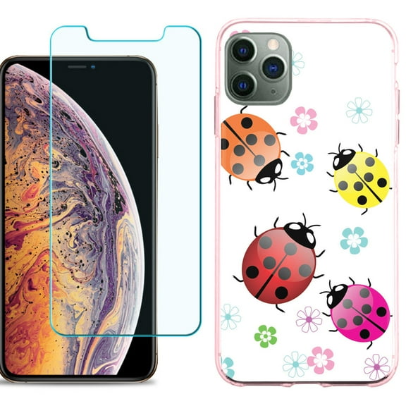 For Apple iPhone 11 Pro Max Case , Slim-Fit TPU Protective Phone Case (Pink Bezel) with Tempered Glass Screen Protector, by OneToughShield ® - Ladybug