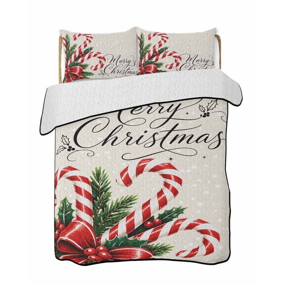 Quilt King Size Bedding Set, Christmas Reversible Summer Quilt 3 Pieces, Xmas Canes Berries Pine Cone Vintage Beige Lightweight Bedspreads Coverlets with 2 Pillow Shams for All Seasons