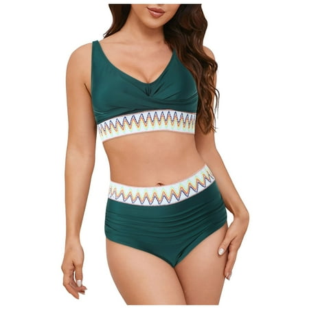 2DXuixsh 2Pcs Women s Bathing Suit Two Piece Swimsuits Swim Tank Top Boyshorts High Waisted Bikini Set Sexy Push up Vintage Swimsuit Retro Ruched Swimwear Dark Green Size L