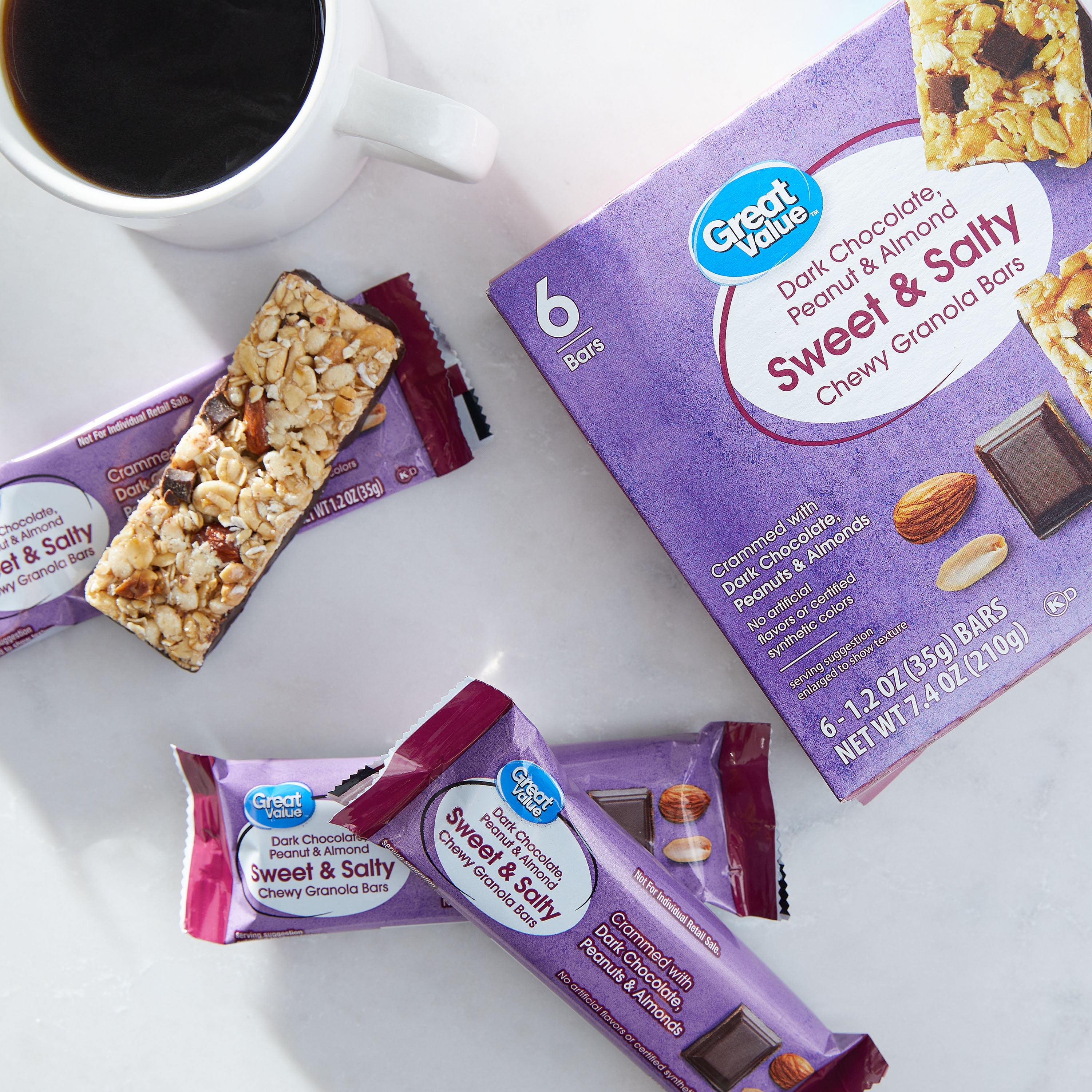 (12 pack) Great Value Dark Chocolate, Peanut & Almond Sweet & Salty Granola Bars, 1.2 oz, 6 Count