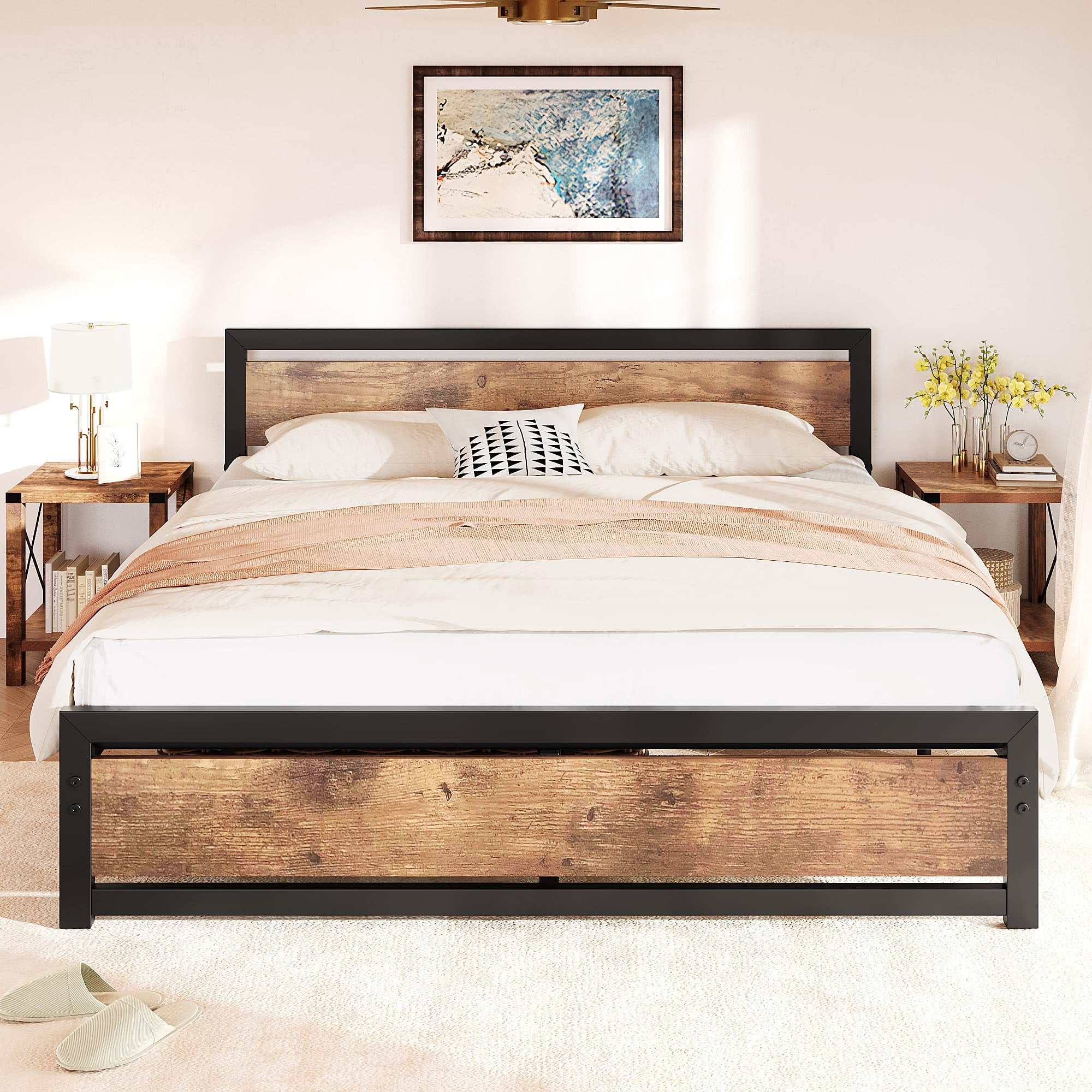 Towallmark King Size Bed Frame with Wooden Headboard, King Bed Platform Metal Bedframe Easy to Assemble, Industrial 14 inch Noise Free, Rustic Brown