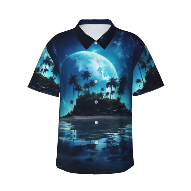 Fotbe Hawaiian Beach Pirate Moon Camisa Hawaiana para Hombre Unisex – Camisa Casual de Verano con Botones de Manga Corta de Algodón y Lino,3X-Large