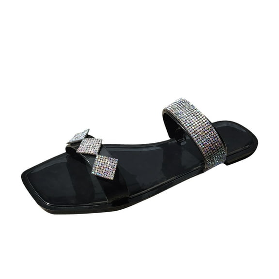 Anuirheih Slip on Sandals Women,Summer Strap Rhinestone Flat Bottom Sandals Women's Comfortable Casual Slippers(Black)