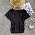 thumbnail image 5 of Camiseta de punto de manga corta para mujer, Top de manga acampanada con cuello en V profundo, plisado, ajustado, informal, novedad de verano, 5 of 5
