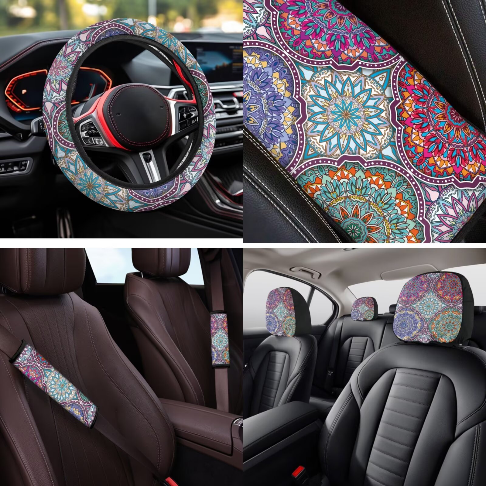 Uorisanigo Art Mandala 14 Pcs Car Seat Covers with Steering Wheel Cover,Seat Belt Covers Cup Holder with Keychain Automotive Protector Set Unverisal Fit Cars SUV Turcks