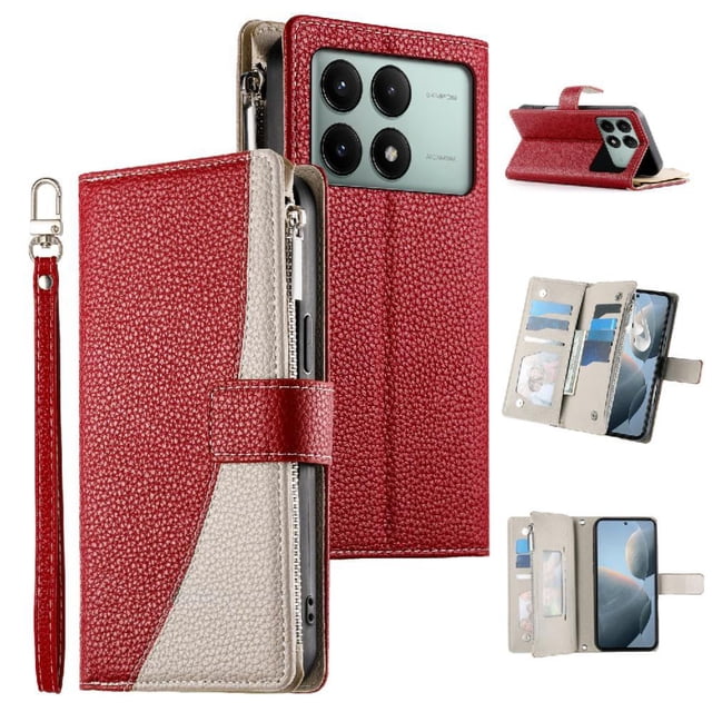 Funda cartera GANGXUN para Xiaomi Poco X6 Pro 5G , cuero PU con tarjetero, cremallera, correa de mano, soporte y protección 1169°