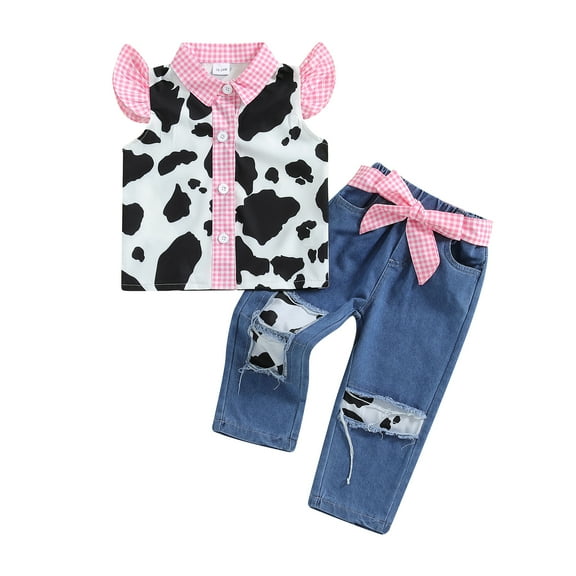 Elippeo Baby Girl 2Pcs Western Outfits Fly Sleeve Cow Print Shirt Denim Pants Set Toddler Clothes 18 24 Months 3 4 5 6 Years