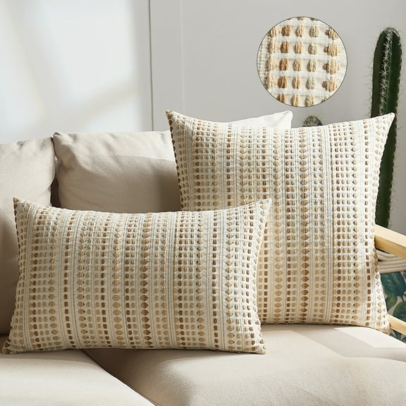 Striped Throw Pillow Covers Set of 2 Beige Textured Boucle Chic Morden Boho Accent Farmhouse Square Decorative Couch Pillow Covers for Home Decor Bed Sofa Living Room