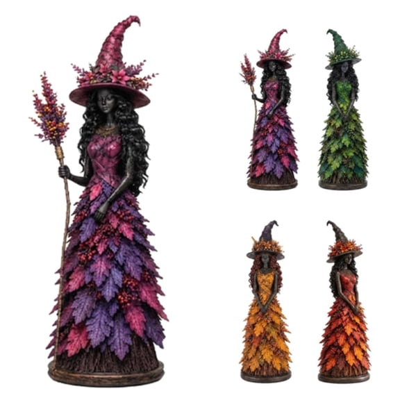 Golden Harvest - Enchanted Autumn Witch Figurine,Hand-Painted Resin Fall Witch Figurine with Floral Witch Hat for Indoor Autumn and Halloween Tabletop Hobby Display,Purple L
