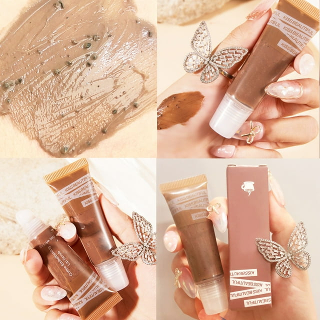 exfoliante de labios exfoliante nutritivo para labios crema exfoliante para labios exfoliante hidratante para labios café exfoliante nutritivo para labios fade lip lines crema tubo marrón Anggrek con boquilla transparente y caja rosa, vista 3/4; textura cremosa marrón con partículas exfoliantes visibles aplicada en la piel; ingredientes listados glicerina, caroteno, aguacate y extracto de miel; a menudo usado para suavizar e hidratar la superficie de los labios.