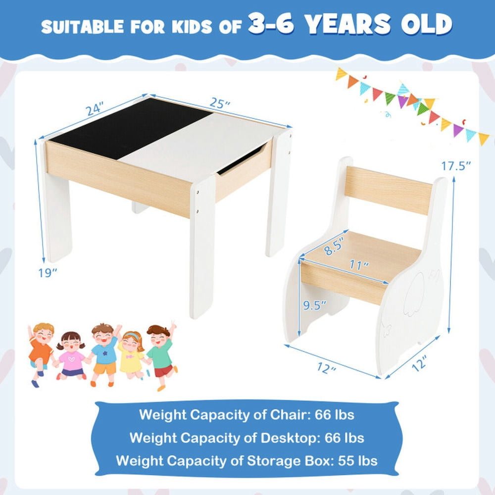 Canddidliike 4-in-1 Wooden Activity Kids Table and Chairs with Storage and Detachable Blackboard-White, Kids Table for Arts & Crafts, Snack Time, Homeschooling, Homework