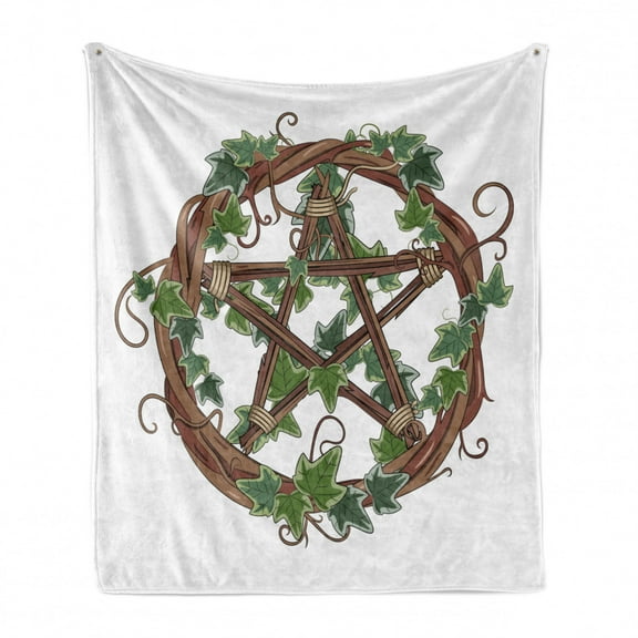 Pentacle Soft Flannel Fleece Throw Blanket, Vine Wreath with Ivy on Intertangled Twigs Forming Pentagram, Cozy Plush for Indoor and Outdoor Use, 50" x 70", Olive Green Jade Green, by Ambesonne