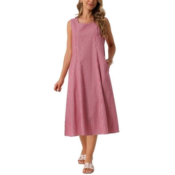 Vestidos sin mangas de cuadros para mujer Inspire Chic, vestido midi de gingham con ajuste holgado y bolsillos, atuendos de verano XL rojo