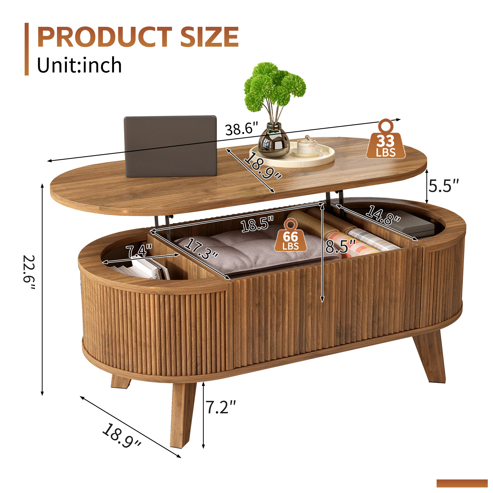 Hommoo Modern Fluted Lift Top Coffee Table with Hidden Storage, Mid-Century Oval Living Room or Home Office Table, Walnut