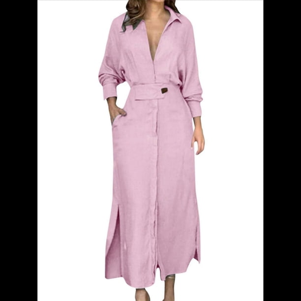 Vestido Maxi Informal de Otoño para Mujer, con Solapa, Abertura, Antiarrugas, y Bolsillos para Vacaciones Rosa S