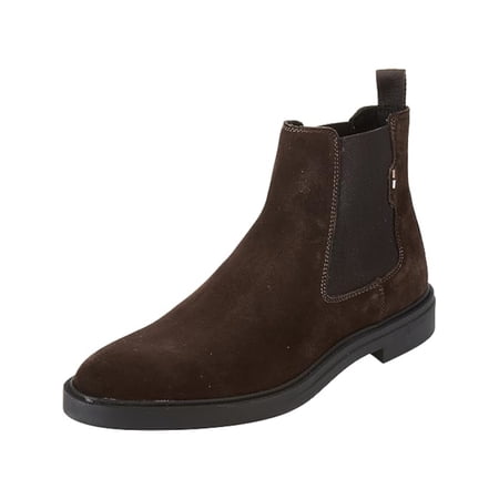BOSS Mens Brown Heel Pull-Tab Goring Padded Calev Round Toe Block Heel Leather Dress Chelsea 7