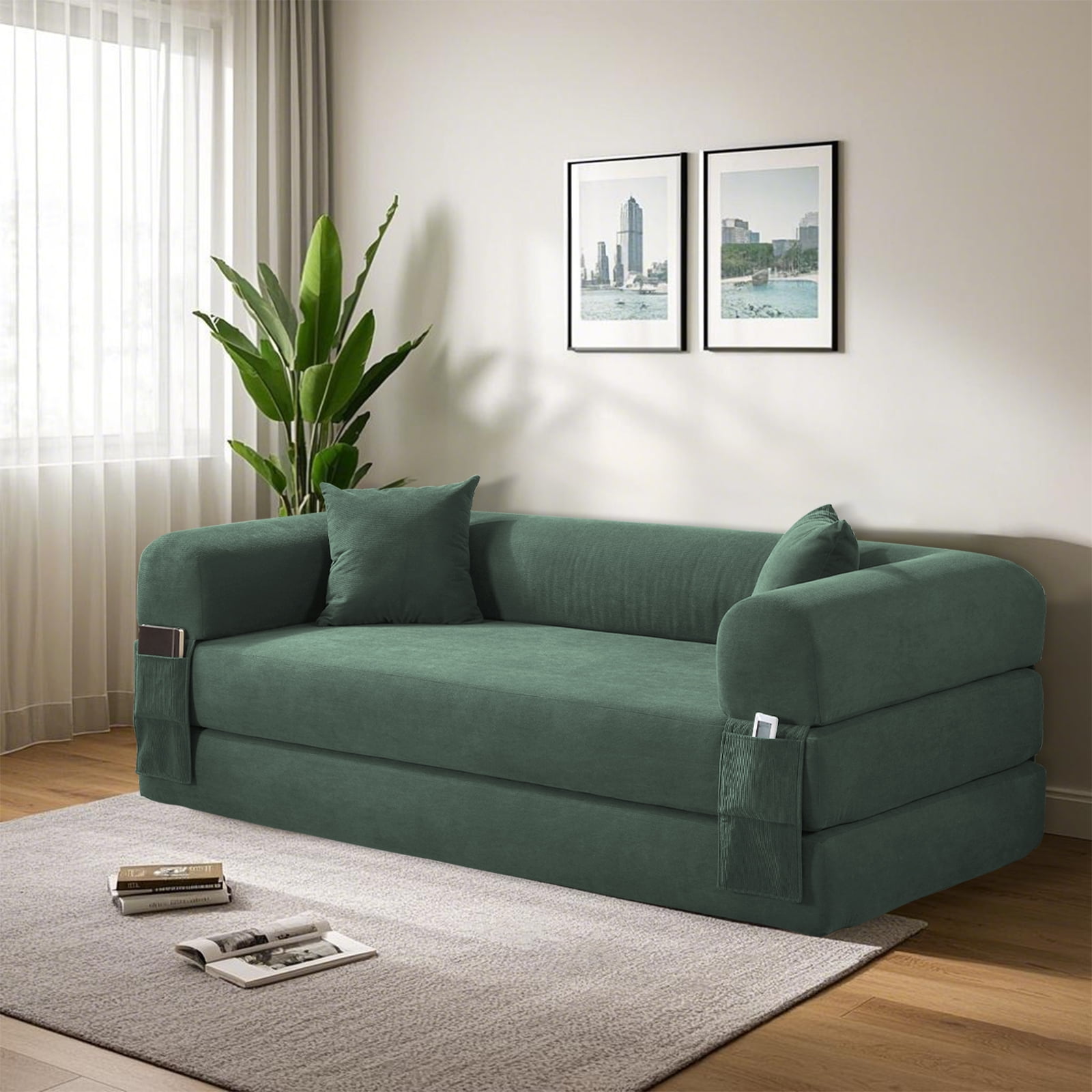 3 in 1 Convertible Sofa Bed, 80" Corduroy Folding Pull Out Couch with 2 Pillows, Floor Sofa with Side Storage for Living Room, No Assembly Modern Boneless Couch Compression Sofa, 30"W