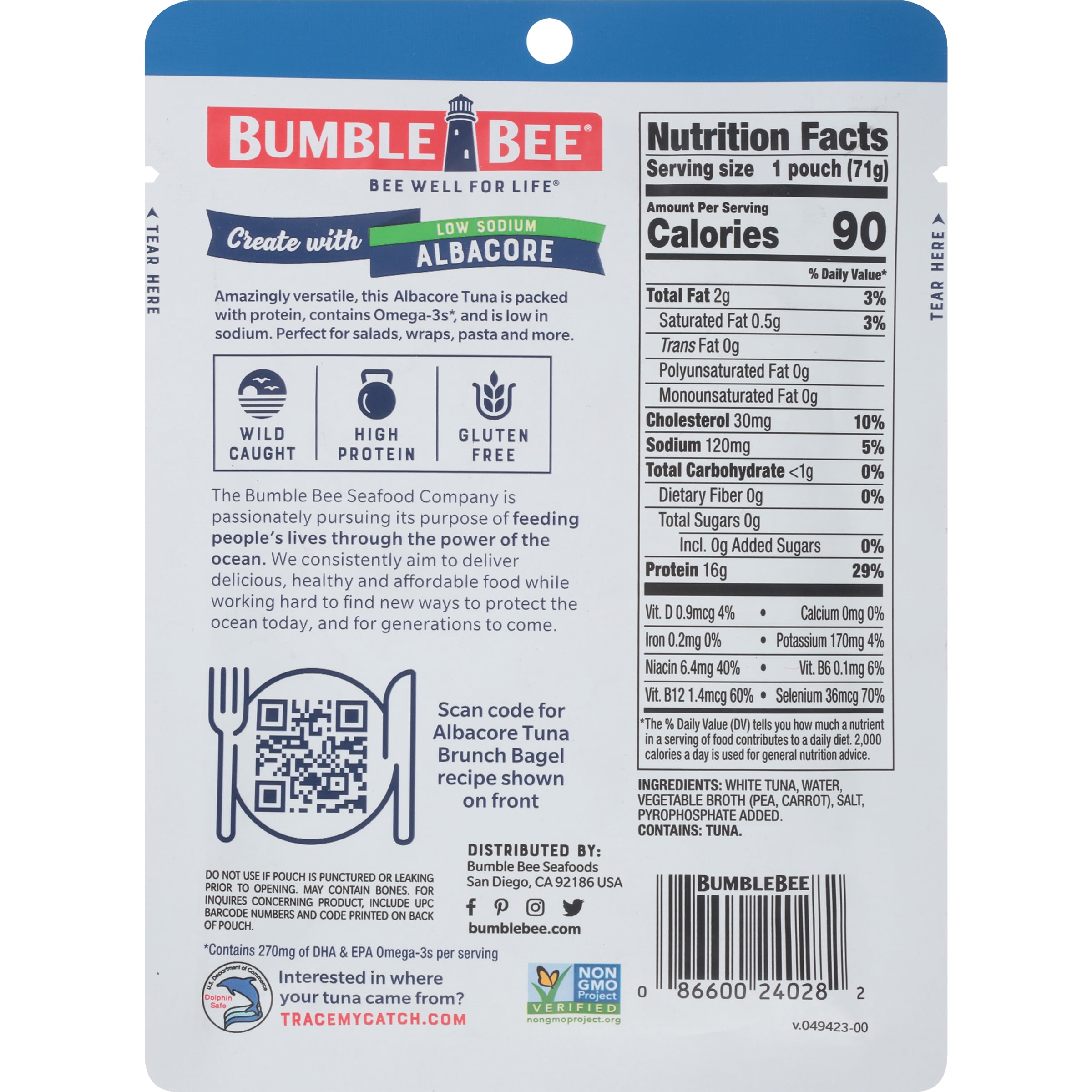 (12 pack) Bumble Bee Low Sodium Chunk White Albacore Tuna in Water, Wild Caught, Gluten Free, 16g Protein per Serving, Shelf Stable Pouch, 2.5 oz