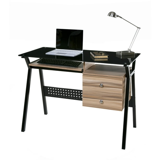 Onespace 50 Ld5105wn Glass Desk With Wood Drawers And Pullout