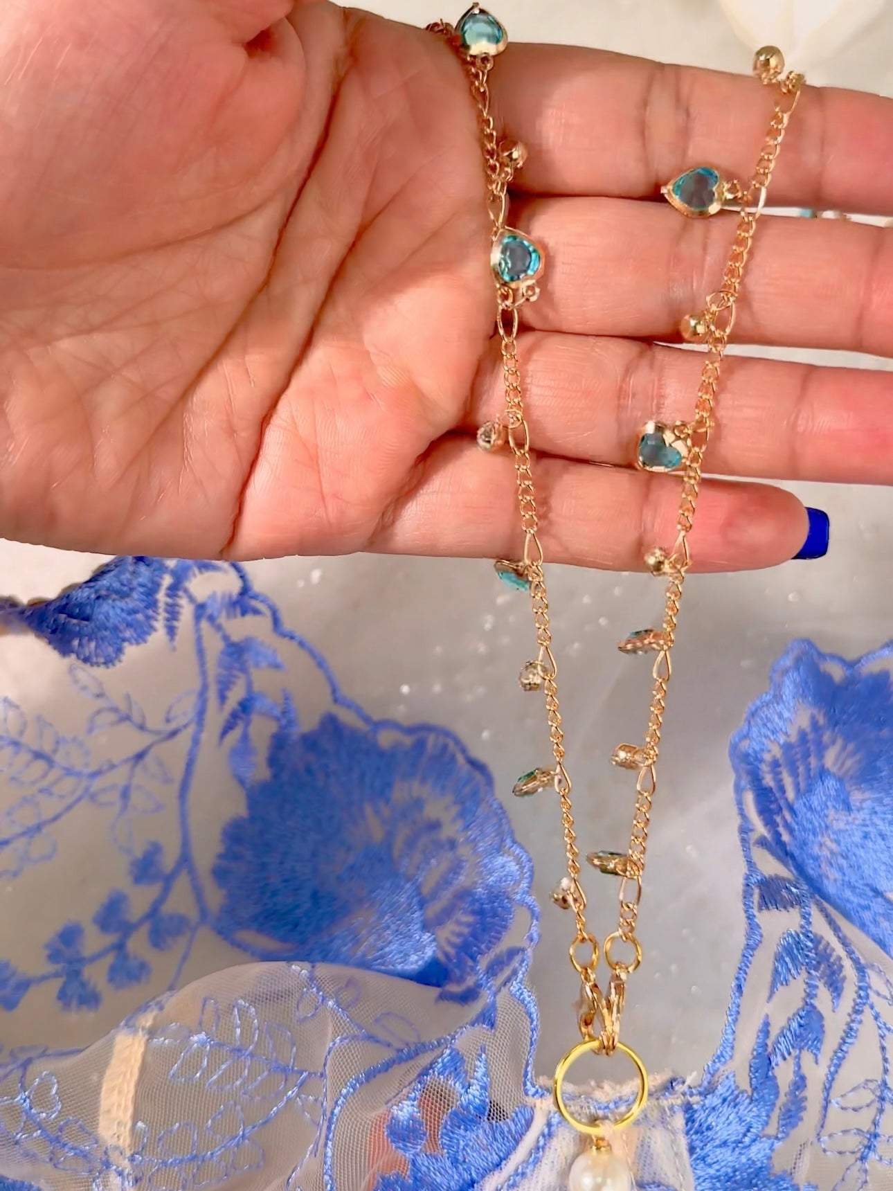 Azure Bloom Chain-Detail Embroidered Lingerie Set (BLUE, S)