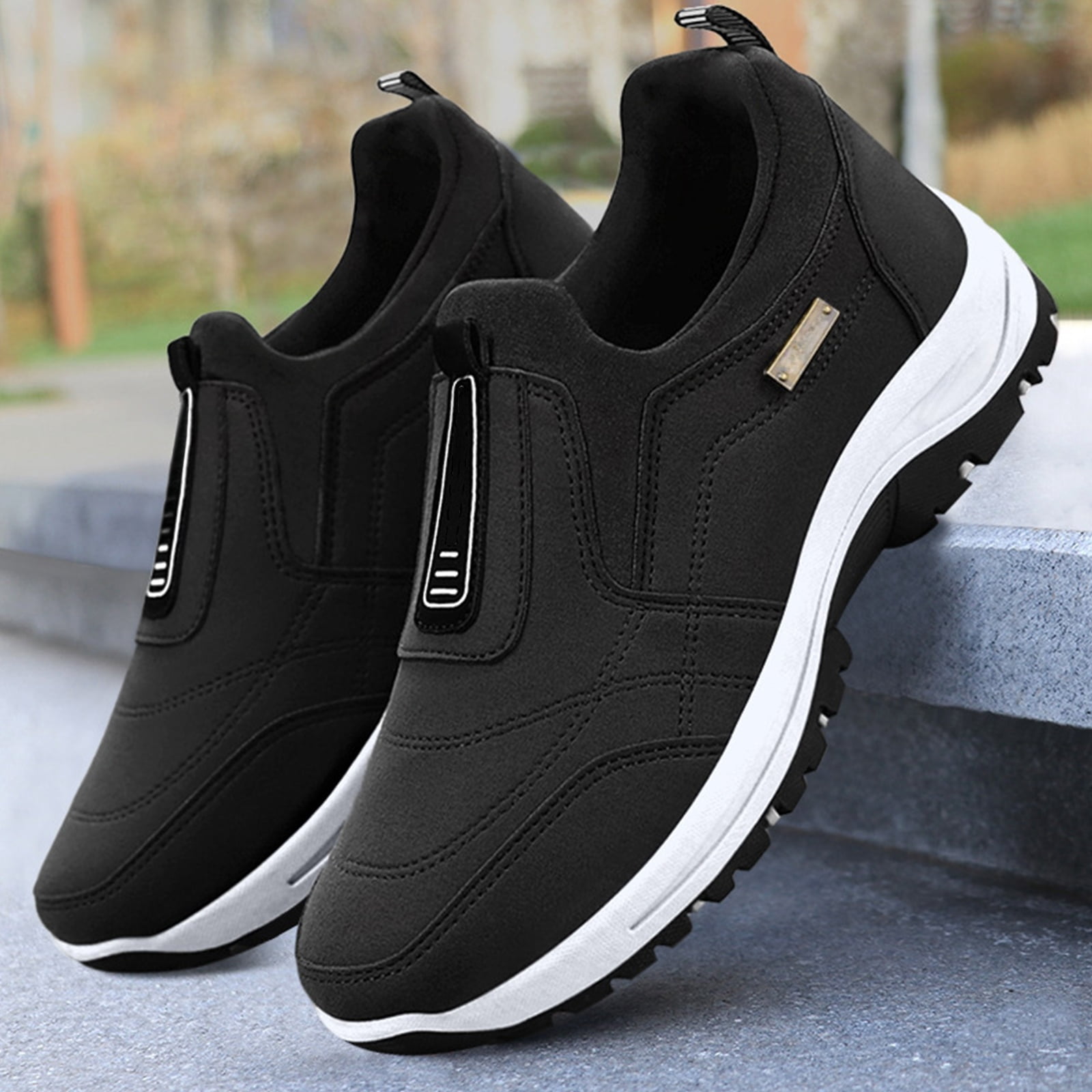 NexTorq Mens Lightweight Sneakers, Mens Casual Shoes, Orthopedic Shoes Men's Slip-On Lightweight Work Shoes for Outdoor Hiking Waterproof Canvas Walking Shoes with Arch Support Black 9