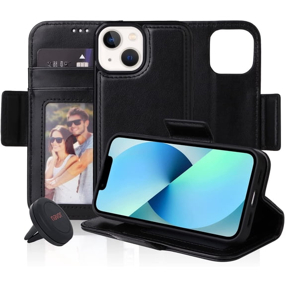 navor Universal Car Mount & Detachable Magnetic Wallet Case Compatible with iPhone 13 Mini [5.4 inch] [Folio], RFID Protection Kickstand -Black