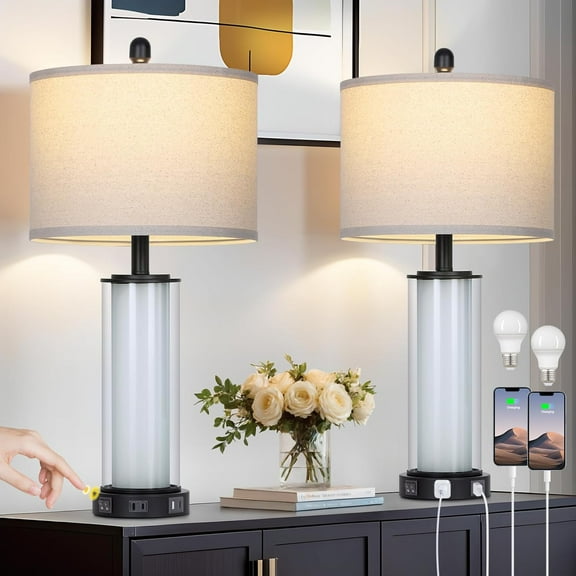 Black Glass Table Lamps Set of 2, 26"  Room Lamp with Built-in Frosted Glass Night Light, Modern  Lamp with  C A Ports & AC Outlet, Bedside Lamps for Nightstand (4 Bulbs Included)