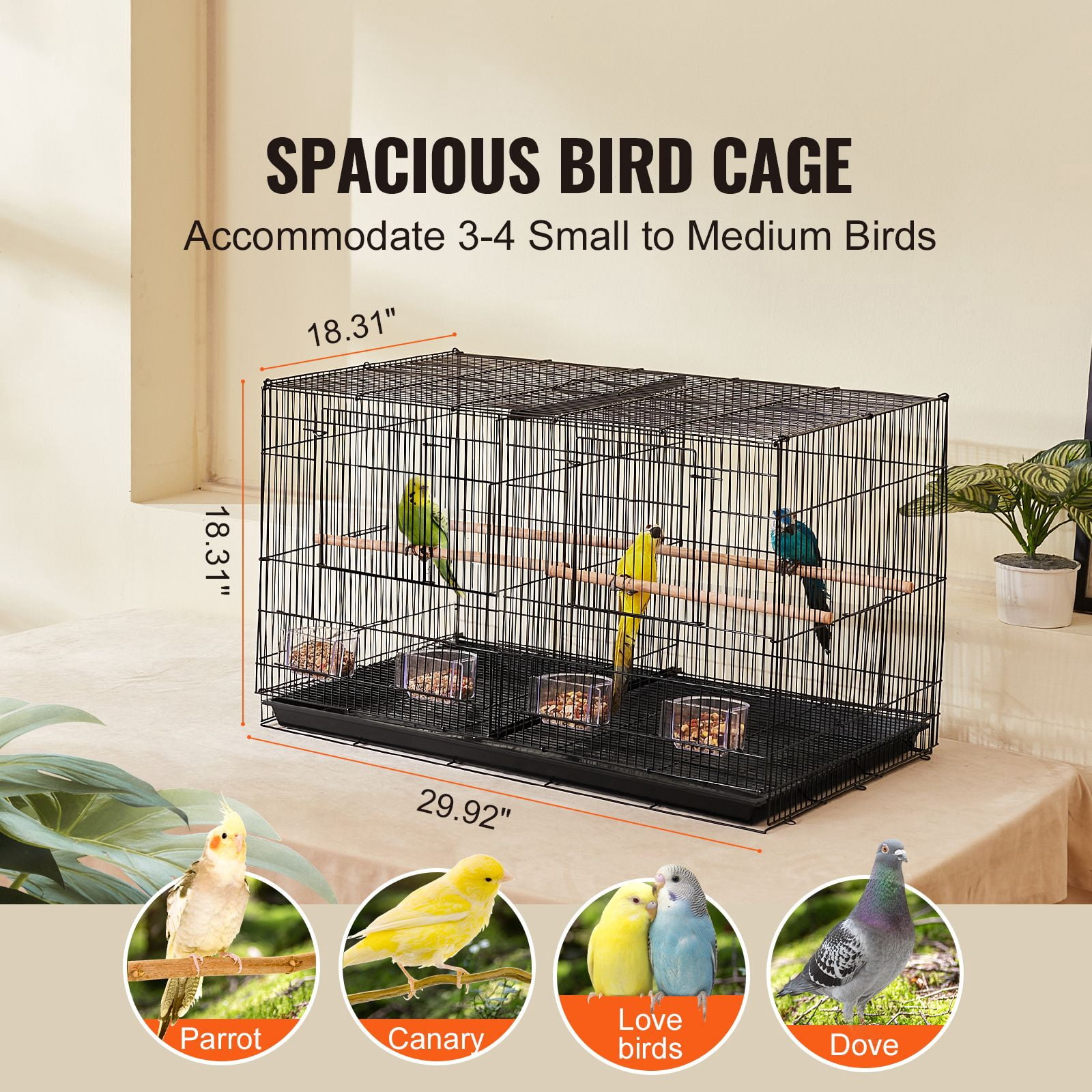 Small Animal Cage, 18" Black Metal Bird Cage with Stand & Divider for Parakeets or Cockatiels