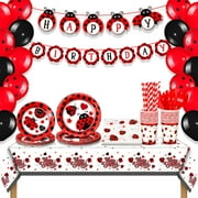 Sumind 200 Pcs PriNst Ladybug Birthday Decorations Set Ladybug Supplies Include Balloon Tableware Happy Birthday Banner Dot Tablecloth Cup Straw Napkin for Kids Adults(54 x 108 Inch,Multicolor)
