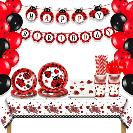 Sumind 200 Pcs PriNst Ladybug Birthday Decorations Set Ladybug Supplies Include Balloon Tableware Happy Birthday Banner Dot Tablecloth Cup Straw Napkin for Kids Adults(54 x 108 Inch,Multicolor)