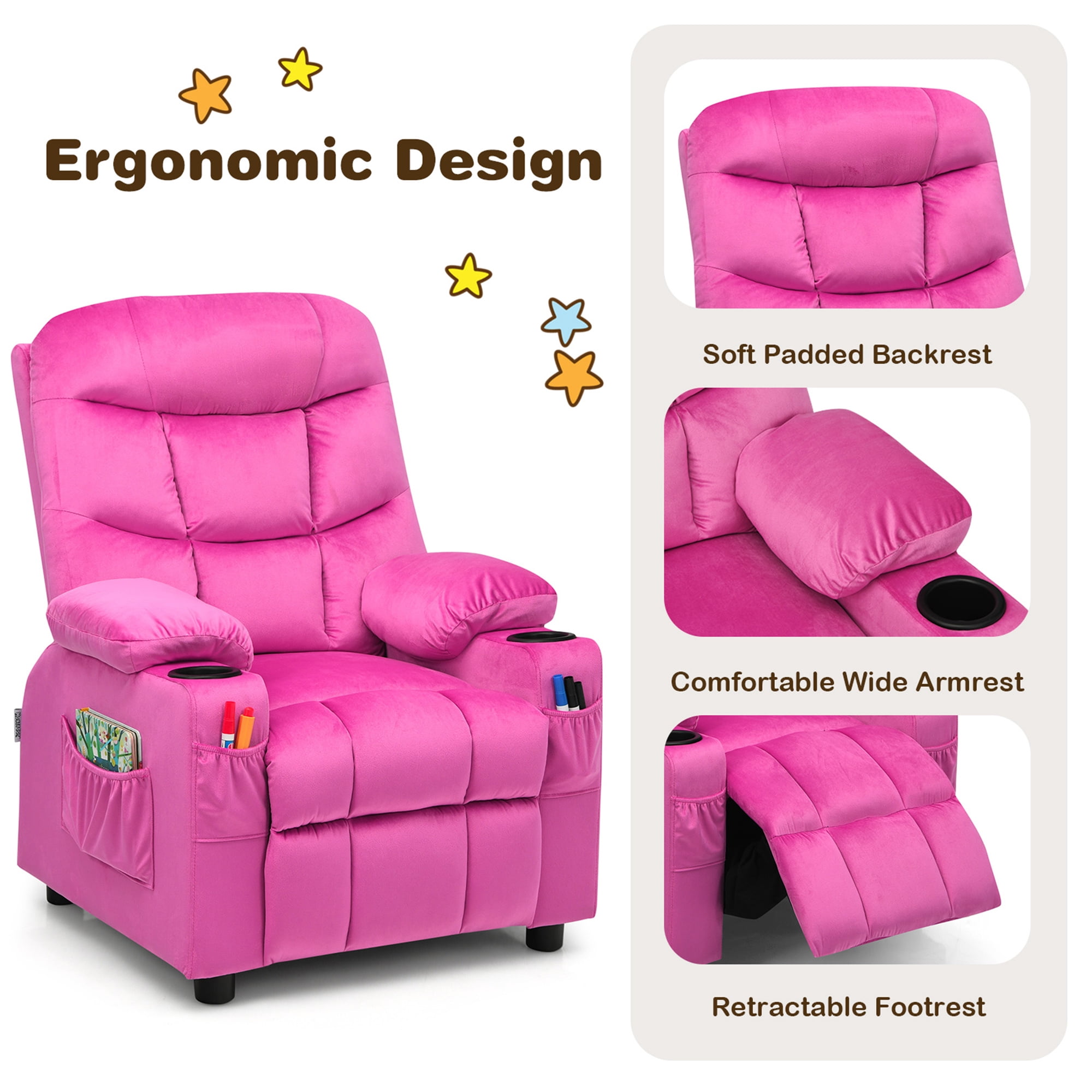 Gymax Kids Youth Recliner Chair Velvet Fabric w/Cup Holder & Side Pocket Pink
