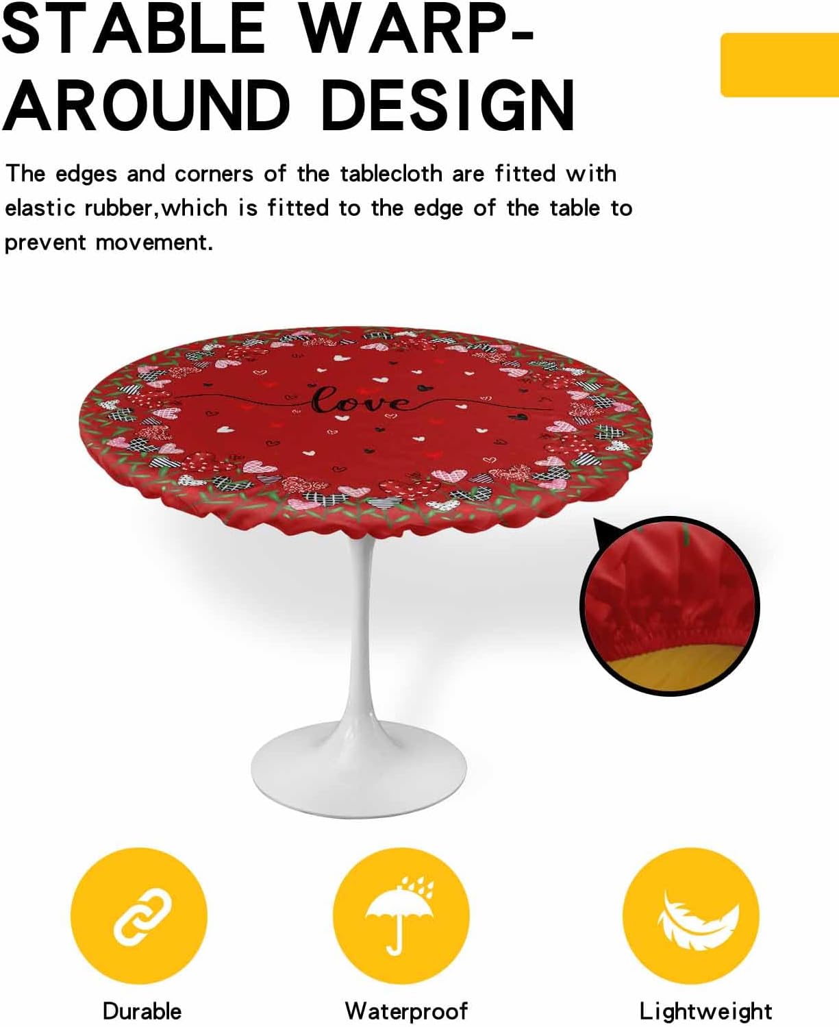 Valentine''s Day Round Fitted Tablecloth Elastic Edged Table Cover,Love Heart on Red Waterproof Wipeable Table Cloths for Kitchen Dining Party Fit up 45-52in Tables,Romantic Hearts Leaves