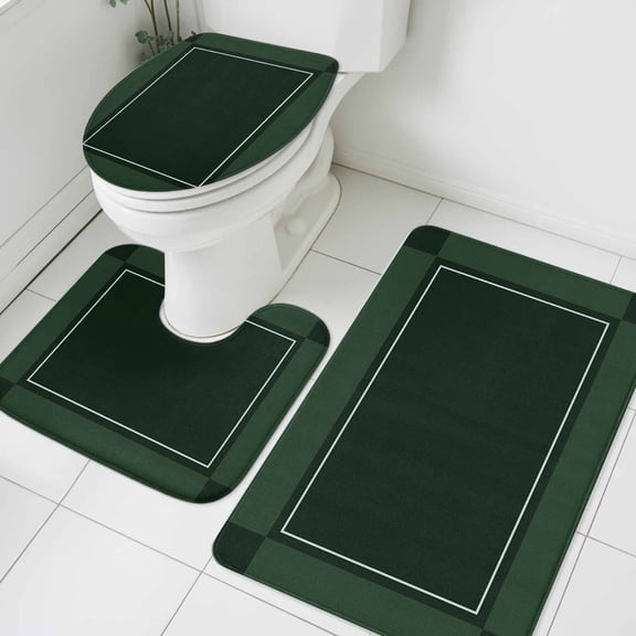 Dark Green Plaid Bathroom Rugs Sets 3 Piece, Modern Minimalist Geometric Checkered Gingham Absorbent Non-Slip Rug, Toilet Lid Cover and Bath Floor Carpet Small Size